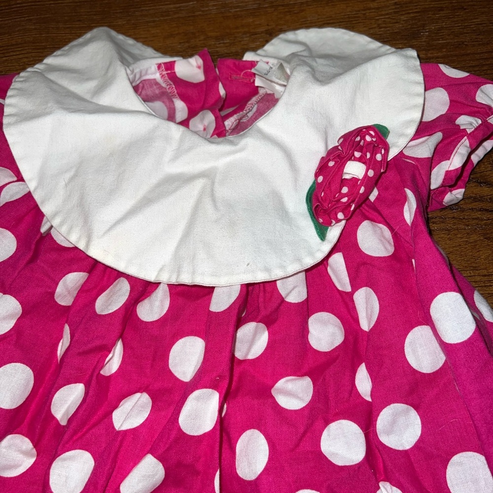 Vintage Bonnie Baby Pink and White Polka Dot Collar Floral Dress Size 12 Month - Picture 4 of 9